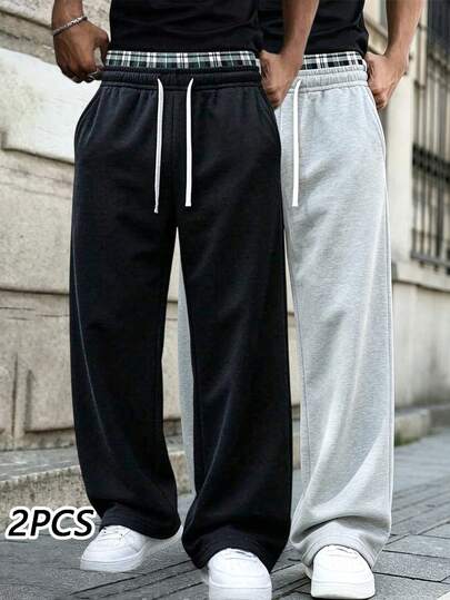 2PCS Men's Basic Solid Color Draped Straight Leg Pants, Elastic Drawstring Loose Casual Sports Long Pants, 2 Pieces Set