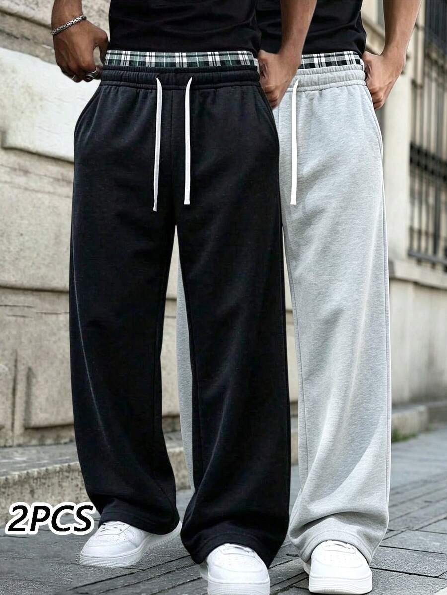 2PCS Men's Basic Solid Color Draped Straight Leg Pants, Elastic Drawstring Loose Casual Sports Long Pants, 2 Pieces Set - Multicolor - View 1