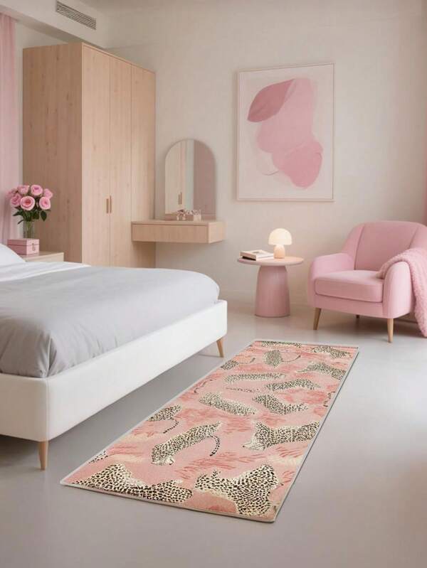 1pc Pink Leopard Print Long Runner Rug, Ins Style, Printed Hallway Carpet, Suitable For Living Room, Bedroom, Study, Office, Dressing Room, Vanity, Hallway, Porch, Patio, Corridor, Laundry Room, Modern Room Decor Rug, Runner Rug, Hallway Rug, Living Room Rug, Bedroom Rug, Bedside Rug, Bathroom Mat, Kitchen Mat, Room Entrance Door Mat, Home Decor Floor Mat, Durable