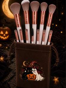 FSJF FIX 12-Piece Makeup Brush Set With Halloween Drawstring Storage Pouch, White Handle Rose Gold Tone Face And Eye Brushes For Foundation, Powder, Blush, Eyeshadow, Brows, Daily Beauty Routines, Party Looks, Travel And Makeup Organization - Multicolor - View 11