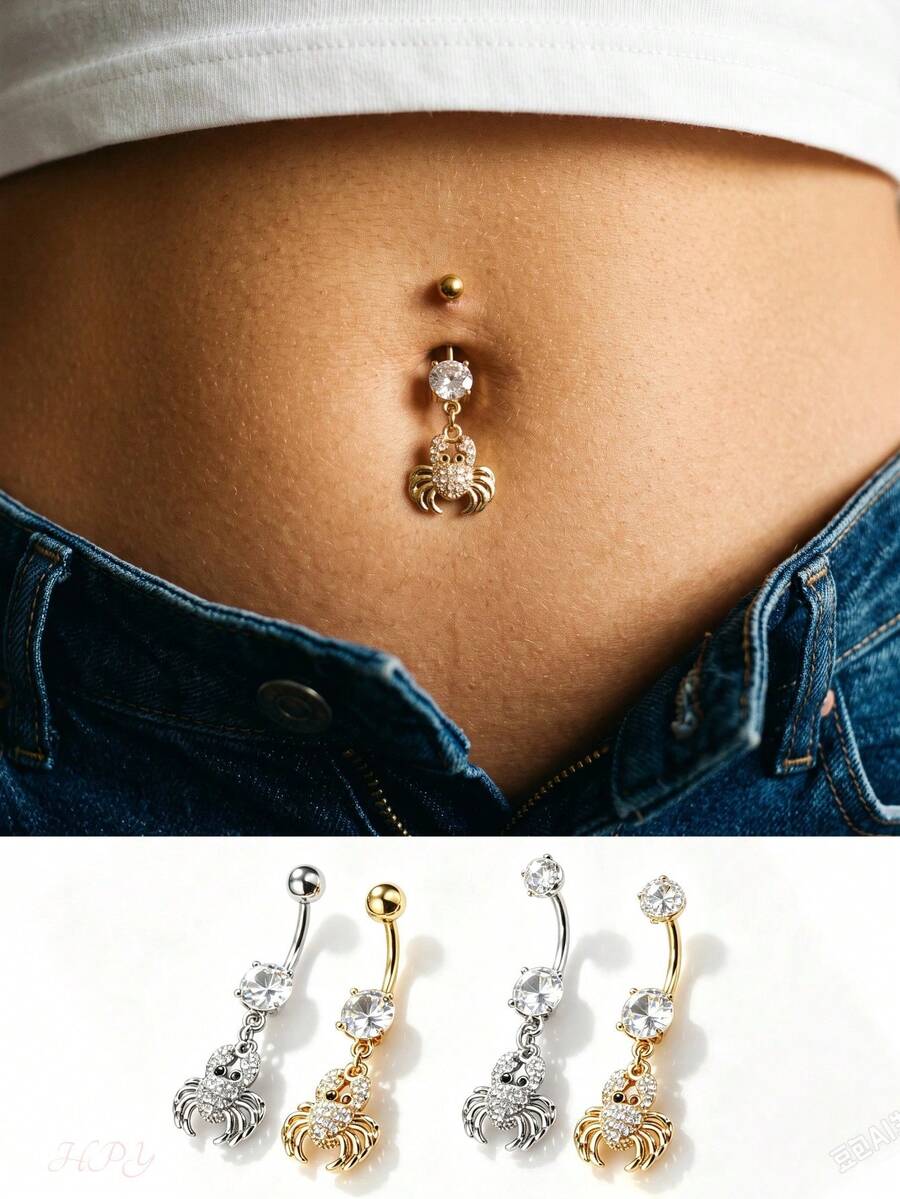 4 Buah Anting Pusar Stainless Steel Motif Laba-laba Punk dengan Hiasan Zirkonia, Perhiasan Pusar untuk Wanita, Cocok untuk Pemakaian Sehari-hari - MultiWarna - View 1