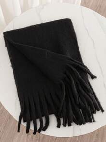 1pc Women Autumn/Winter New Plush Tassel Scarf, Warm And Large Shawl And Warm For Outdoor, Simple And For Daily Wear Scarves - Black - View 4