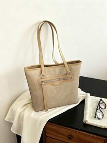 Women's Tote Bag, Textured Faux Leather Shoulder Bag With Adjustable Strap And Front Zipper Pocket, Large Capacity Casual Style, Suitable For Office And Daily Shopping - Khaki - View 7