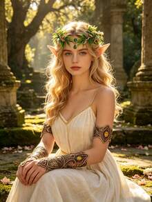 Women Elf Cosplay Accessories Set, Leaf Gem Headband, Pointed Elf Ears & Vintage Lace Gloves, For Halloween Renaissance Party Dress‑Up - Multicolor - View 8