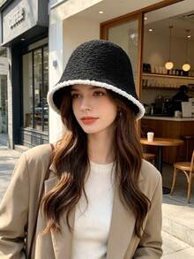 Bucket Hat, Japanese Style Face-Slimming, Black Knitted Plush Bucket Hat, Sun Protection, Face-Slimming, Bucket Hat, Versatile For Outings, Travel Essential, Travel Must-Have, Fashionable And Versatile, Matches Any Outfit, Perfect For Walking, Great For Photos, Gift For Women, Gift For Girlfriend, Gift For Best Friend, Women's Accessory, Personalized Gift, Fun Gift. - Multicolor - View 6