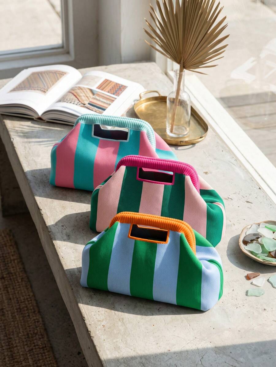 New Fashion Colorblock Striped Knit Handle Tote Bag, Foldable Clutch, Women's Wallet, Suitable For Party, Travel, Campus Daily Use