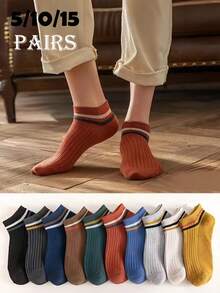 5/10/15 Pairs Unisex Contrast Striped Short Socks, Ribbed Knit Low-Cut Casual Socks, Soft Comfortable Multi-Color Versatile Daily Socks - Multicolor - View 2