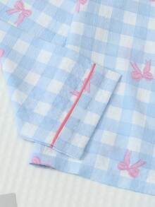 Tween Girls 2Pcs Blue Gingham Bow & Butterfly Print Long Sleeve Pajama Set, Casual Tween Girl Loungewear Sleepwear For Spring Fall Winter Home Outfit - Blue - View 5