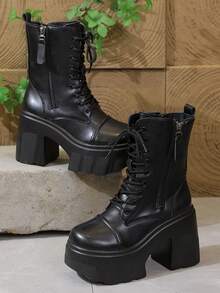 Women's Chunky High Heel Boots With Side Zipper And Lace-Up, Thick Sole Height-Increasing Short Work Boots, Sweet Cool Style For Petite - Black - View 12