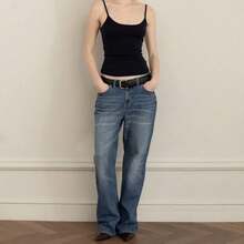 Vintage Straight Wide-Leg Slimming Jeans Pants - 中藍色 - 查看 2