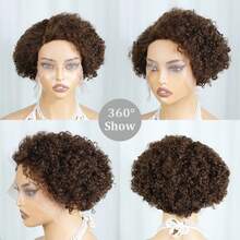 13x4x1 Lace Front Wig Brown Curly Wig With Bangs Short Curl Hair Wig 6inch 180% Density Fluffy Shape Brazilian Rmey Human Hair 4# Color For Daily Wear And Party - S4 - View 10