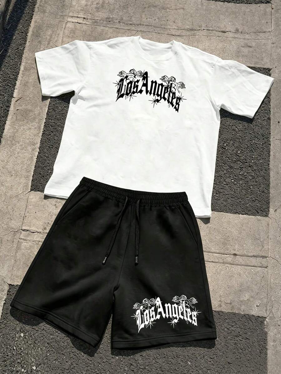 Men T-Shirt Co-Ords - White top + black shorts - View 1