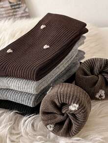 3 Pairs Random Style Women's Mid-Calf Socks, Small Heart Print Preppy Style, Solid Color Minimalist Sweet Daily Warm Socks, Suitable For Winter Snow Boots Matching - Multicolor - View 8