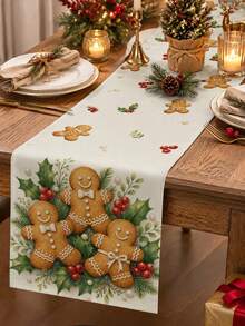 Christmas Table Runner, Throw Pillow, Placemat With Gingerbread Man, Holly Berry And Pearl Print, Cozy Vintage Style, Holiday Kitchen And Dining Room Tabletop Decor - Multicolor - View 1