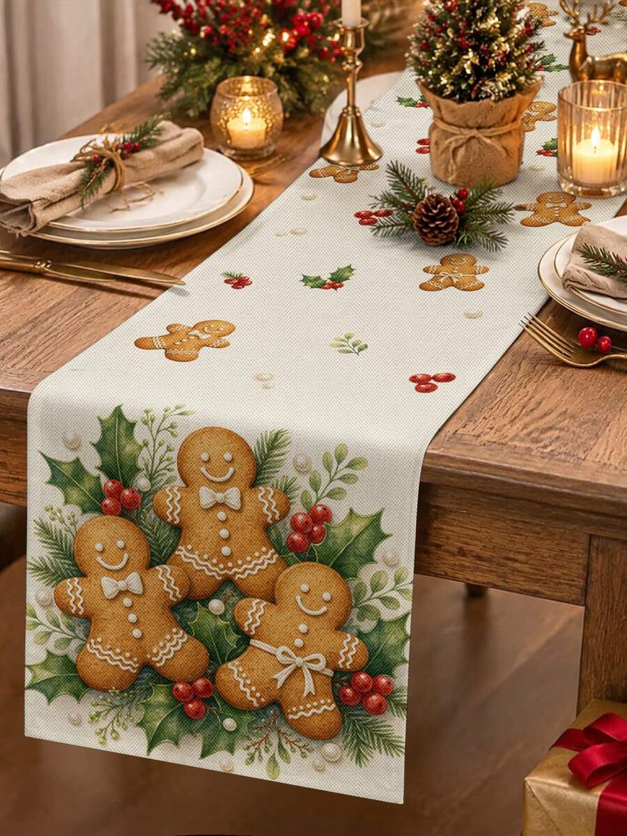 Christmas Table Runner, Throw Pillow, Placemat With Gingerbread Man, Holly Berry And Pearl Print, Cozy Vintage Style, Holiday Kitchen And Dining Room Tabletop Decor - Multicolor - View 1