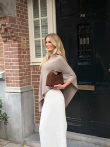 Oatmeal Asymmetric Knit Cape Shawl, Multi-Way Wear Design, Outer Layer, Commute & Vacation, High-End Elegant Elegant Shawl Top - Camel - View 5