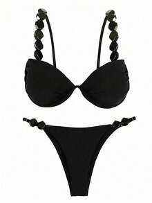 Polovedo Official Spring/Summer New European And American Sexy Solid 's Bikini Swimsuit For Beach, Vacation, Party, Date, Halloween - Black - View 2