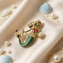 1pc Colorful Enamel Mermaid Faux Pearl Brooch, Elegant Ocean Theme Pin, Fashion Jewelry Gift For Women And Girls - Baby Blue - View 3