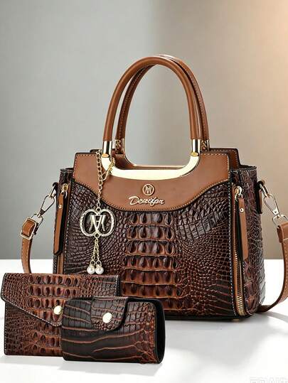 3pcs Luxury Crocodile Embossed Bag Set - Elegant Crocodile Embossed Handbag, Shoulder Bag, Crossbody Bag For Women