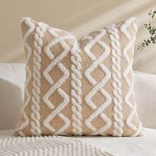 1pc Solid Tan Color Decorative Faux Fur Throw Pillow Cover (Insert Not Included), Soft Fluffy Sheep Wool Square Pattern Cushion Cover, Modern Decor For Sofa, Home, Bedroom, Dorm - camel white - View 10
