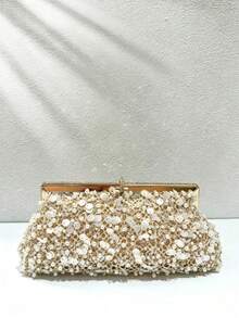 Women Evening Clutch Bag, Rectangular Hard Frame Purse, Sequin Pearl Mesh Pattern, Elegant Bridal Handbag For Wedding Prom Formal Party - Gold - View 3