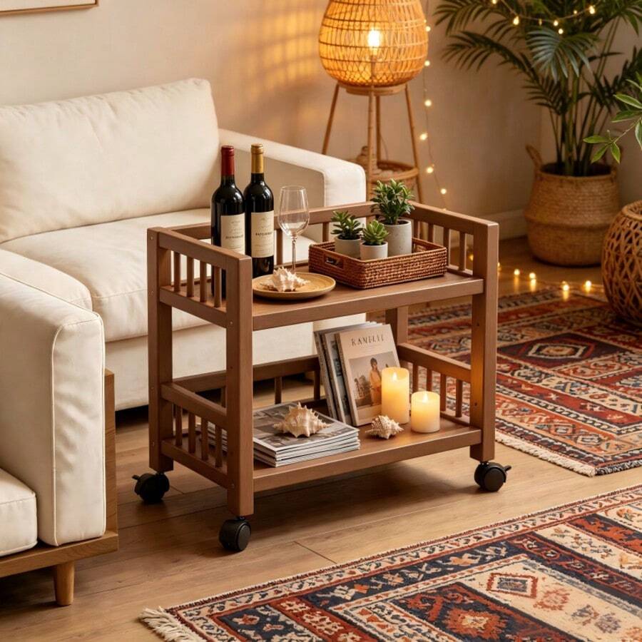 1pc Double Layer Mobile Storage Cart, Living Room Sofa Side Wine & Coffee Cup Organizer, Kitchen Spice Rack With Universal Wheels, Skincare Storage Rack, Multi-Functional Display Stand, Holiday Decor Organizer - Multicolor - View 1