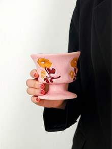 1pc Handmade Vintage Floral Ceramic Mug, Asymmetrical Small Flower Coffee & Dessert Cup - Multicolor - View 10