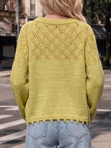 Sweet Bow Hollow Out Pullover Sweater, Long Sleeve Top For Women - Green - View 5