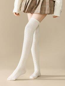 1/2 Pairs Women's Over-The-Knee Socks With Cable Knit Embossed Pattern Design, Wool Blend Thigh-High Socks, Fashionable Versatile High Socks For Autumn/Winter Daily Wear - Multicolor - View 5