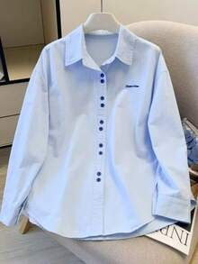 Women's Embroidered Letter Front Button Office Shirt - Baby Blue - View 1