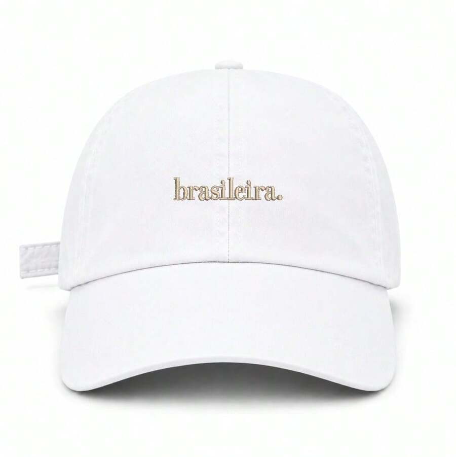Unisex 100% Cotton Twill Dad Hat With Curved Brim, Brazilian Custom Design. - White With Beige Embroidery - View 1