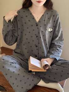 2pcs/Set Women's Pajamas Loungewear Set, V-Neck Cardigan Cute Panda Print Pattern Minimalist Long Sleeve Long Pants, Comfortable Home Style - Grey - View 8