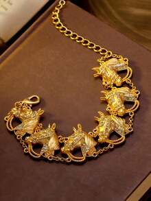 Brazalete de estilo corte en oro, decorado con seis cabezas de caballo e incrustado con diamantes, adecuado para uso diario, fiestas y ocasiones festivas - Dorado - Ver 4