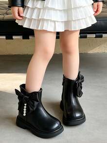 1 Pair Children's Fashion Bow & Pearl Decor Ankle Boots, Simple Leather Upper, Suitable For Dressy Looks, Commuting And Outings, Perfect For Autumn/Winter Styling - Black - View 2