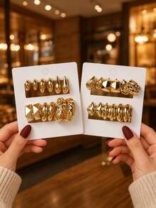 12/18 Pairs Multiple Gold Tone Textured Hoop Earring Set, Vintage Geometric Statement Metal Earrings, Versatile Daily Party Jewelry Gift For Women - Yellow Gold - View 10