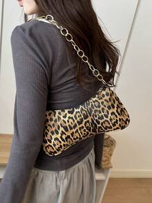 Fashion Leopard Print Chain Baguette Bag Chain Crescent Shoulder Bag Coin Purse - Brown - View 7