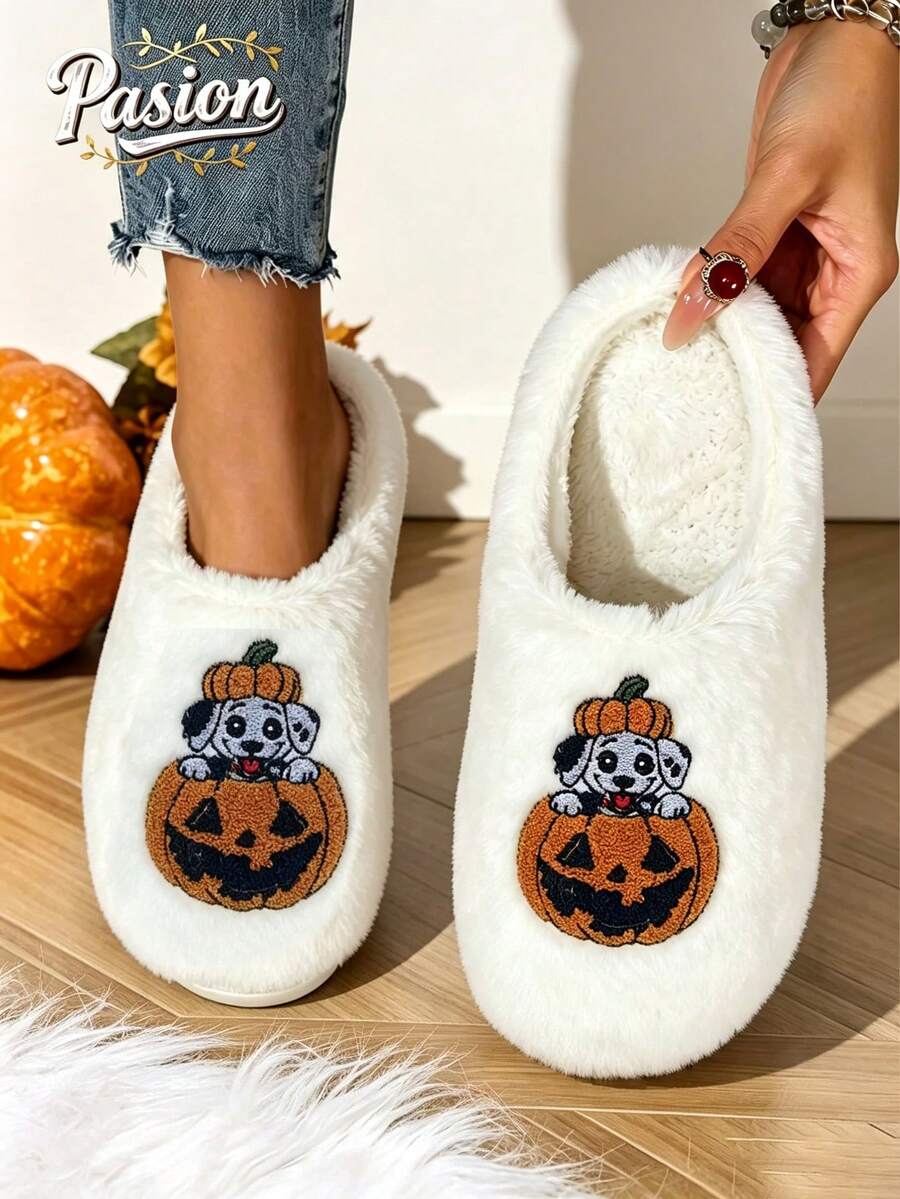 Halloween Pumpkin Dog Embroidered Plush Couple Slippers, Women's Men's EVA Non-Slip Thick Sole Indoor Outdoor Warm Home Slippers - White - View 1