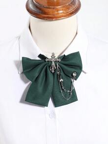 1PC Black/Red/Green/Khaki Bow Tie With Rhinestone Cross & Heart Chain Decor Adjustable Shirt Collar Accessory - Multicolor - View 4