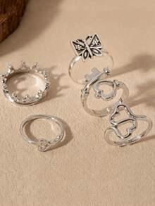 Set Cincin Gaya Punk 5 Buah, Cincin Tumpuk Bentuk Hati, Kupu-kupu, dan Mahkota yang Unik dan Modis, Perhiasan untuk Wanita, Hadiah Aksesori Bergaya - Perak - View 3