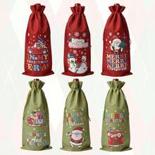 CARRIECUR 6/12/18Pcs Christmas Wine Bottle Gift Bags, Red & Green Linen Drawstring Wine Gift Sacks With Santa Snowman Christmas Tree Pattern, Reusable Xmas Holiday Wine Bottle Wrapping Pouches - Green - View 6