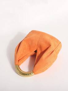 1pc Orange Textured Velvet Ruffled Design Vintage Metal Hardware Handbag, Exquisite Fashion Zipper Bucket Bag Suitable For Commuting And Shopping - Orange - View 4