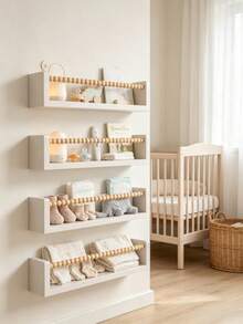 1/2/3/4pcs Kids Room Floating Shelves, Minimalist Design Wall-Mounted Storage Rack, Wall-Mounted Student Bookshelf, Children's Bookshelf, Picture Book Shelf, Kindergarten Bookshelf - White Board Wooden Beads - View 3