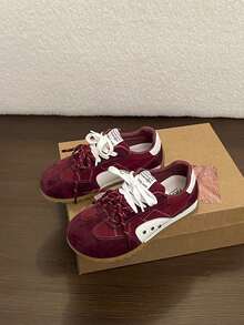 Sepatu Sneakers Wanita Bertali Rendah, Desain Patchwork Berlapis - Merah - View 6