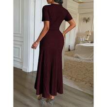 Elegant Temperament Pure Color Short Sleeve Hip Skirt Dress Women's Dress - 酒紅色 - 查看 3