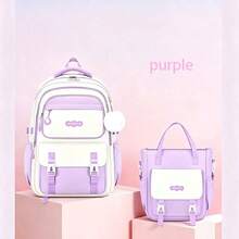 Juego de 2 piezas de mochila y bolso tote con bloques de color, gran capacidad, múltiples compartimentos, estilo coreano, versátil para campus y desplazamientos - Conjuntos - Ver 5