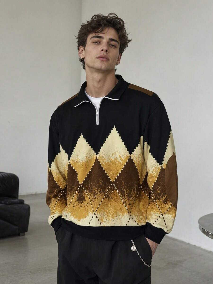 Men's Zippered Diamond Quilted Patchwork Casual Loose Fit Sweatshirt - Multicolor - View 1