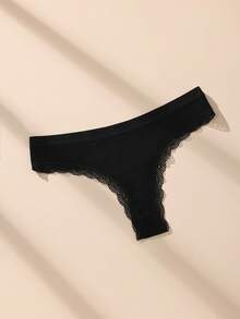 9pcs Black Lace Patchwork Ribbed Cotton Sexy Women's Thong - Black - View 5