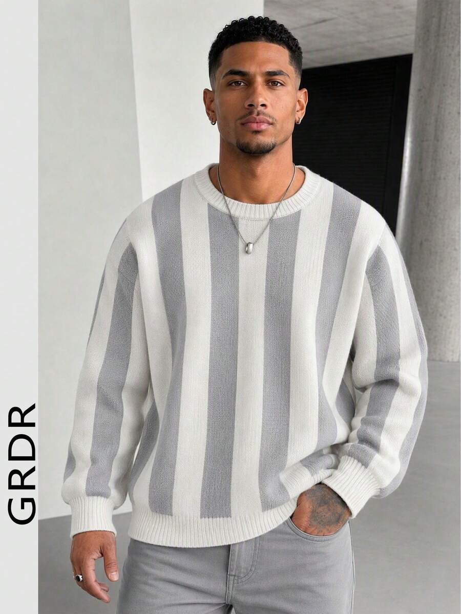 GRDR 1pc Men's Autumn/Winter Casual Colorblock Knit Sweater - White - View 1