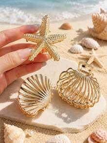1pc Metal Shell Starfish Hair Clip, Hollow Design, Women's Hair Accessory, Summer, Holiday, Travel Beach Claw Clip, Vacation Hair Clip, Festival, Party, Holiday Essential, Holiday Accessory, Summer, Hair Accessory, Festival Accessory, Women's Headpiece - Multicolor - View 1