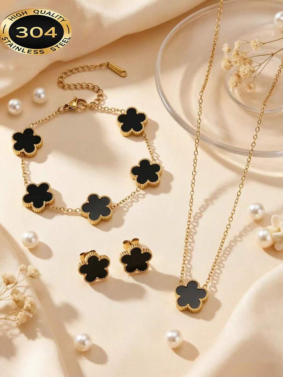 1 Set Elegant Fashion Stainless Steel Gold-Plated Lucky Five-Leaf Clover Bracelet Necklace Earrings, Suitable For Party, Wedding Occasions